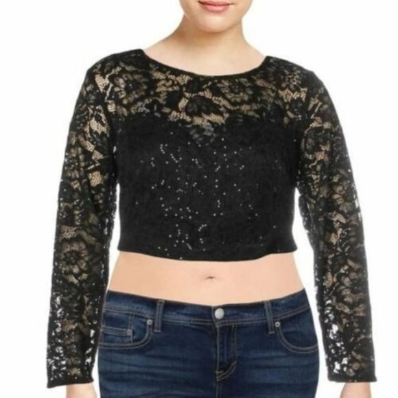 B Darlin Tops - B Darling black sequin lace bustier look long sleeve crop fit blouse woman's 20